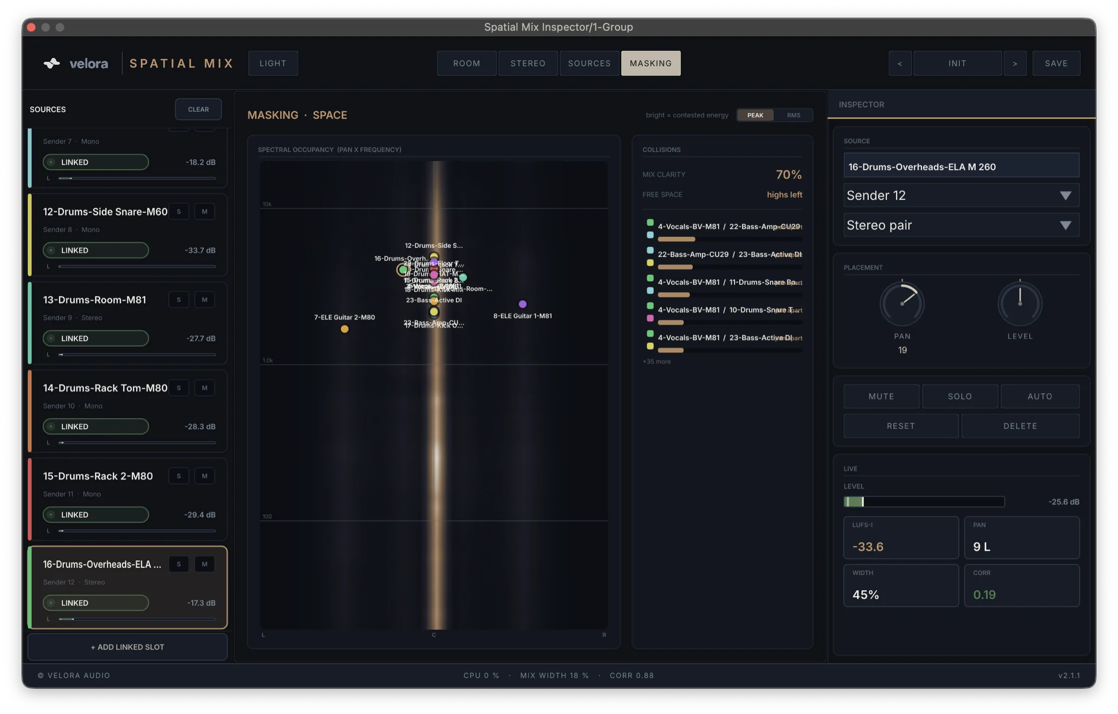 Spatial Mix Inspector — MASKING · where tracks clash