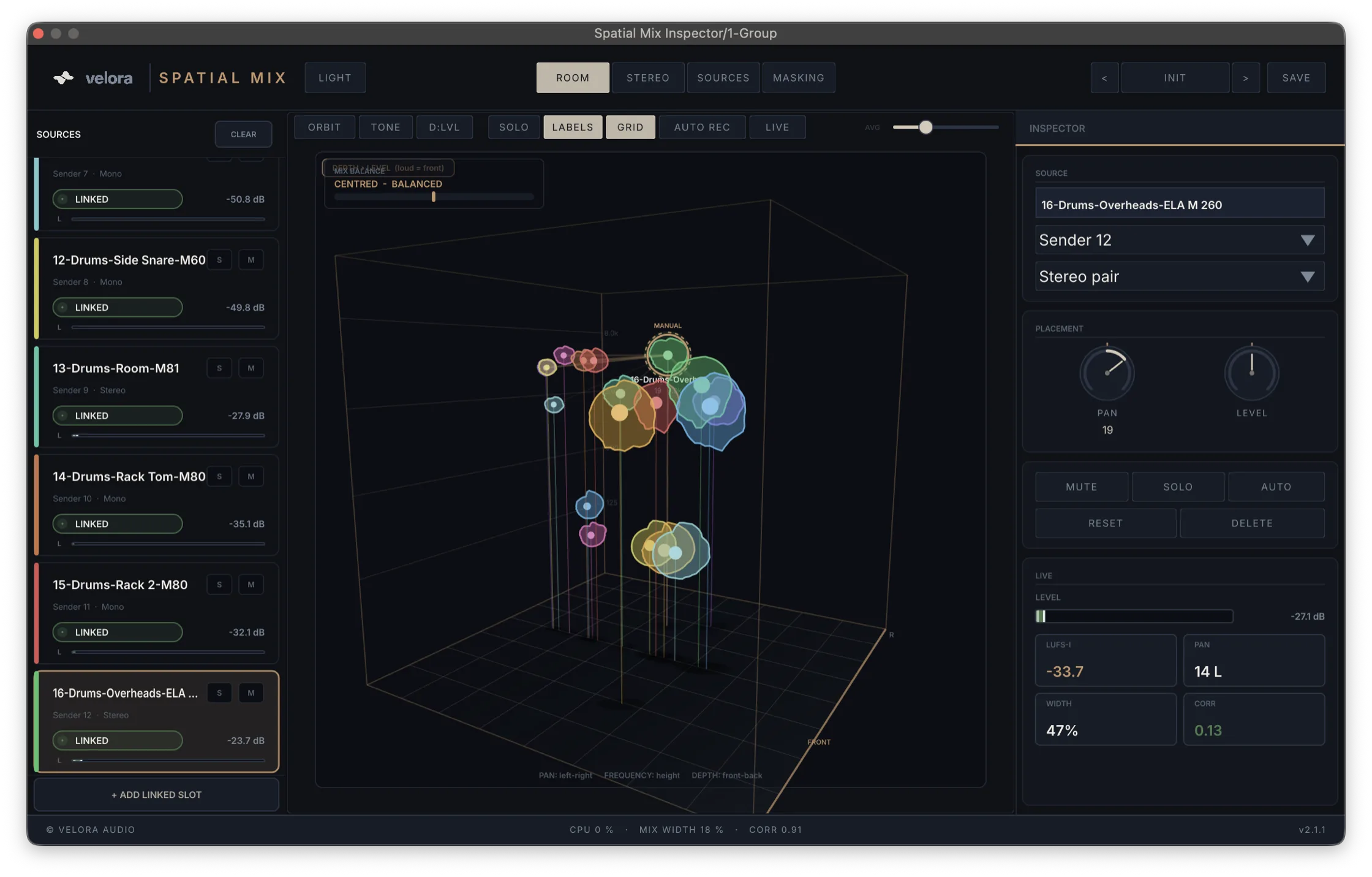 Spatial Mix Inspector — ROOM · 3D stereo field