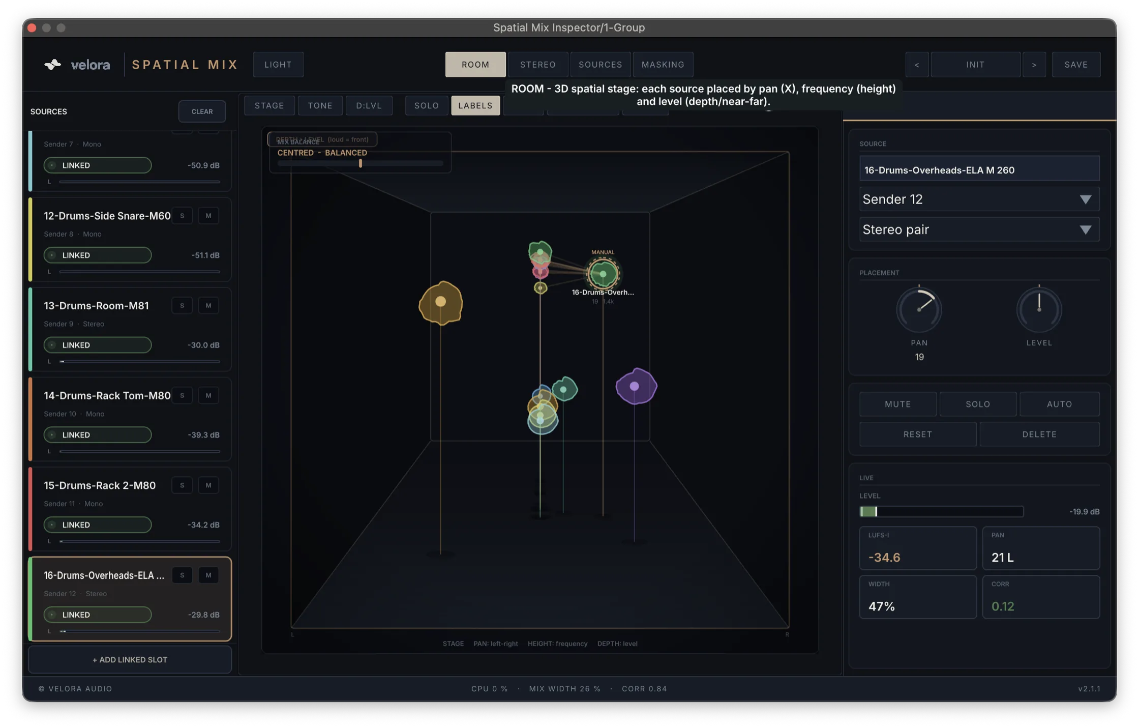 Spatial Mix Inspector — 3D room view