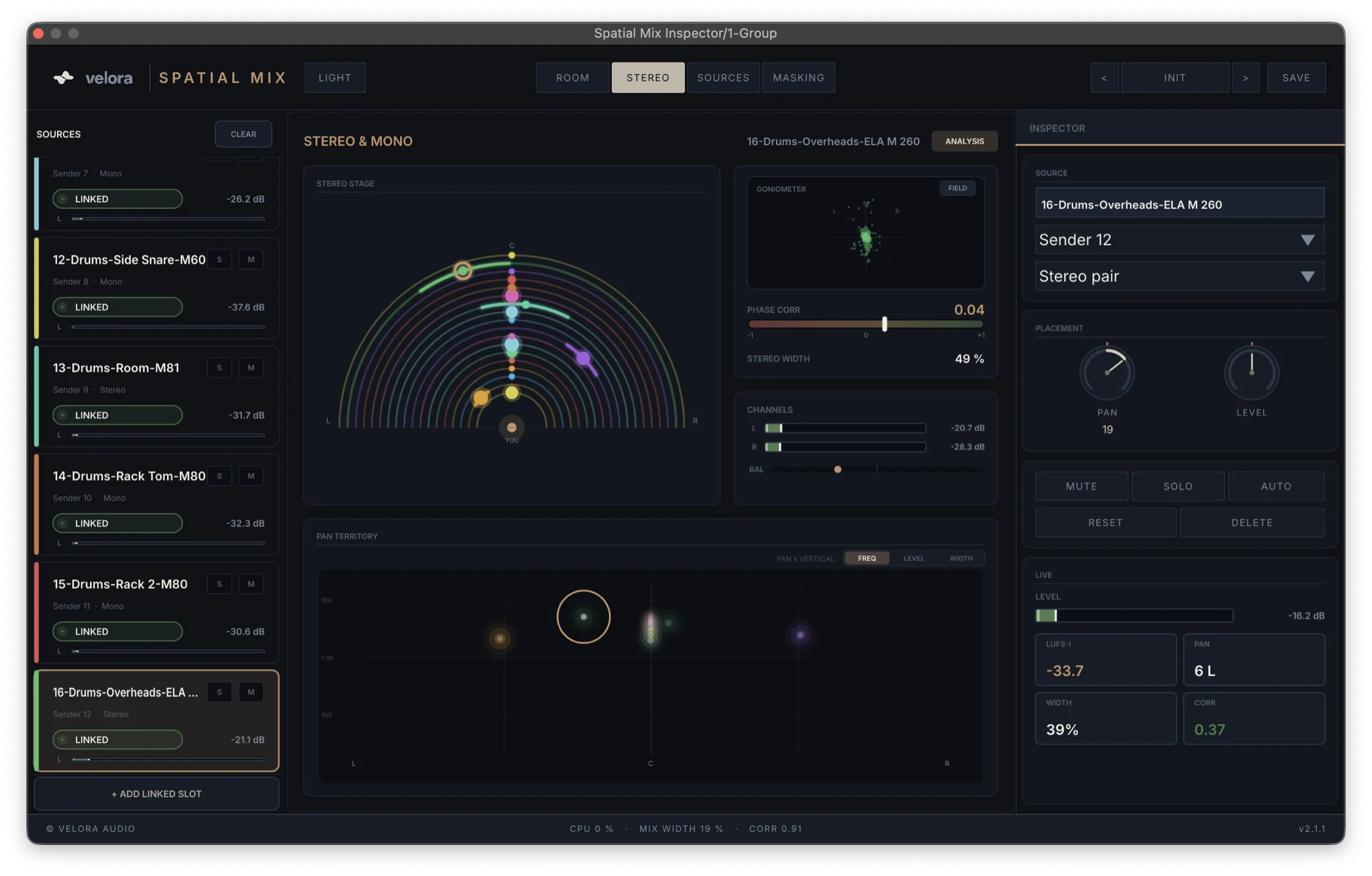 Spatial Mix Inspector — STEREO · width & phase